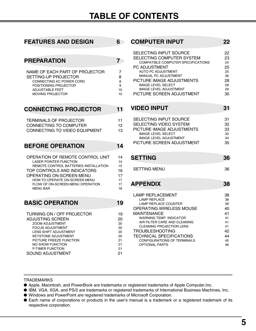 Christie Digital Systems 38-VIV207-01 Table Of Contents, Features And Design, Computer Input, Preparation, Video Input 