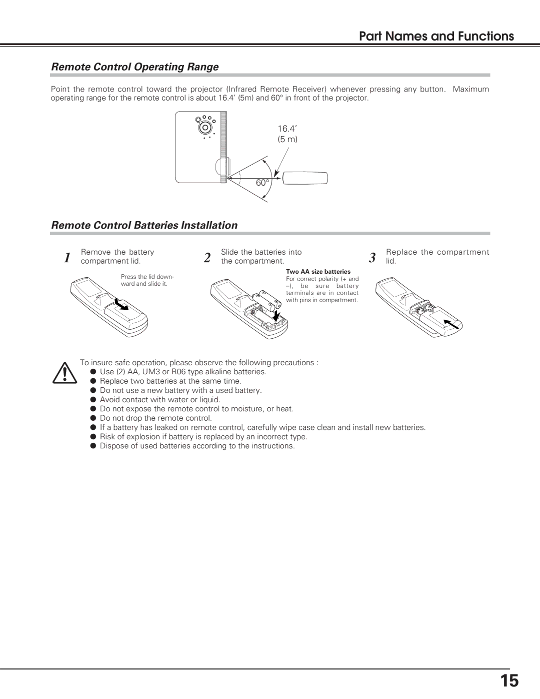 Christie Digital Systems 38-VIV208-01 user manual Remote Control Operating Range, Remote Control Batteries Installation 