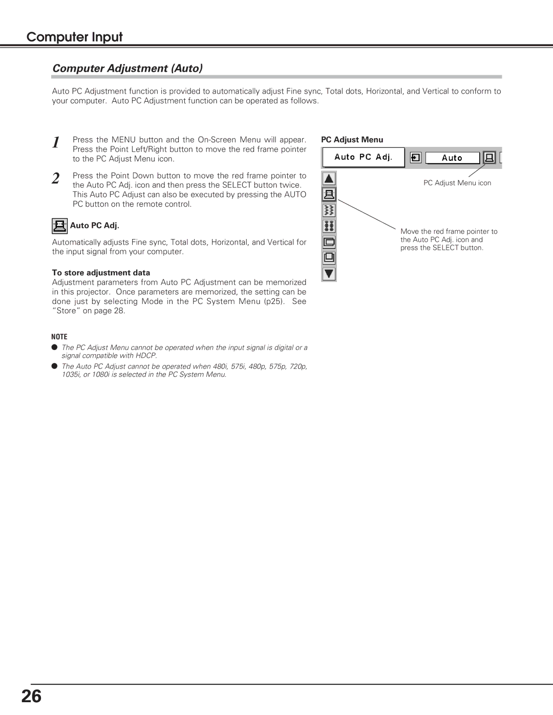 Christie Digital Systems 38-VIV208-01 user manual Computer Adjustment Auto, Auto PC Adj, To store adjustment data 