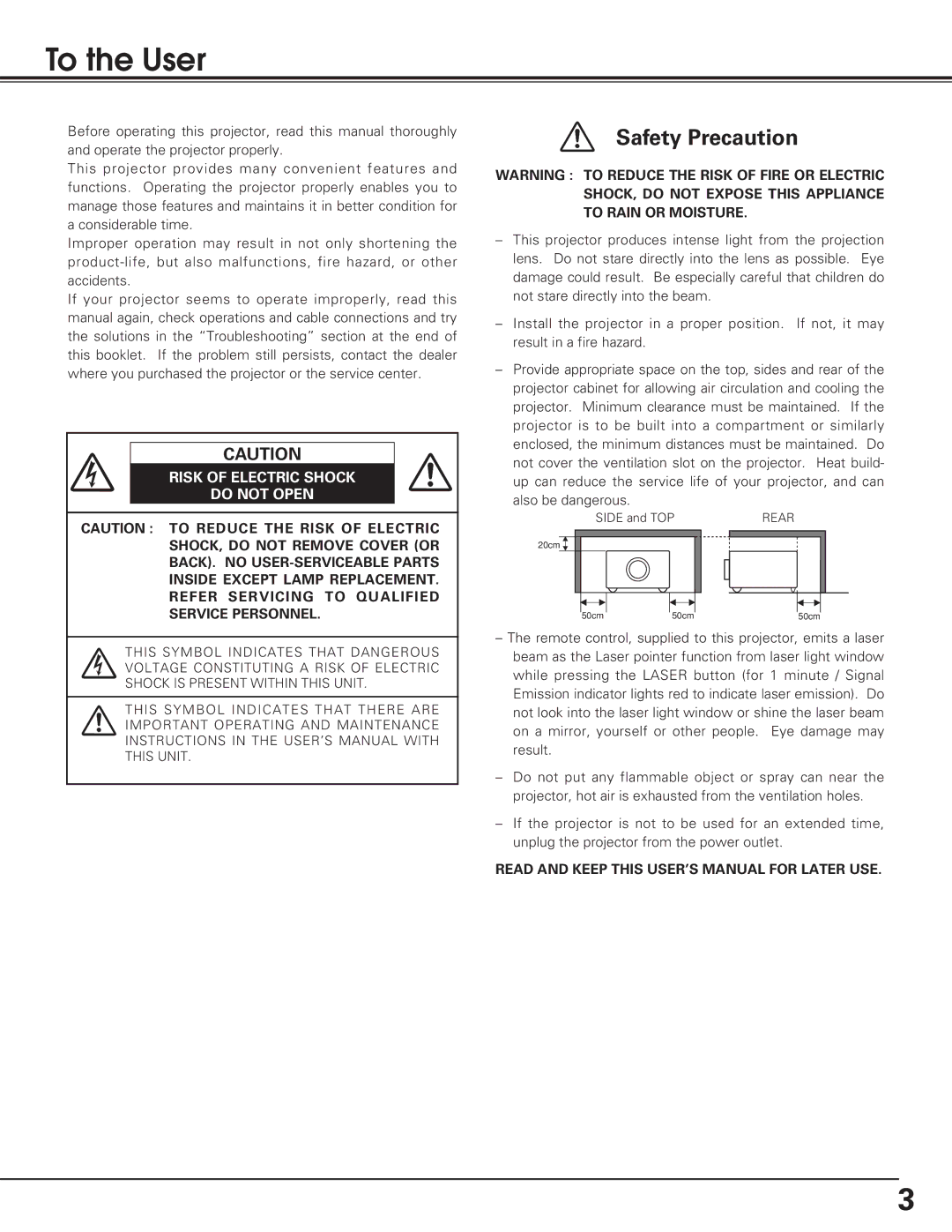 Christie Digital Systems 38-VIV208-01 user manual To the User, Risk of Electric Shock Do not Open 