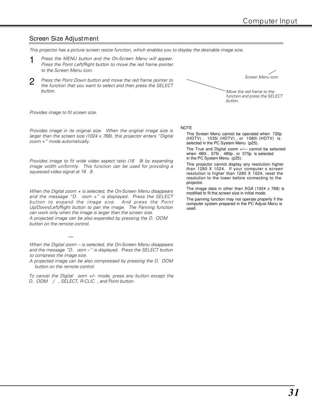 Christie Digital Systems 38-VIV208-01 user manual Screen Size Adjustment 