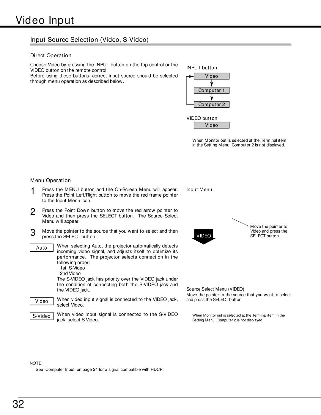 Christie Digital Systems 38-VIV208-01 Video Input, Input Source Selection Video, S-Video, Auto, Source Select Menu Video 