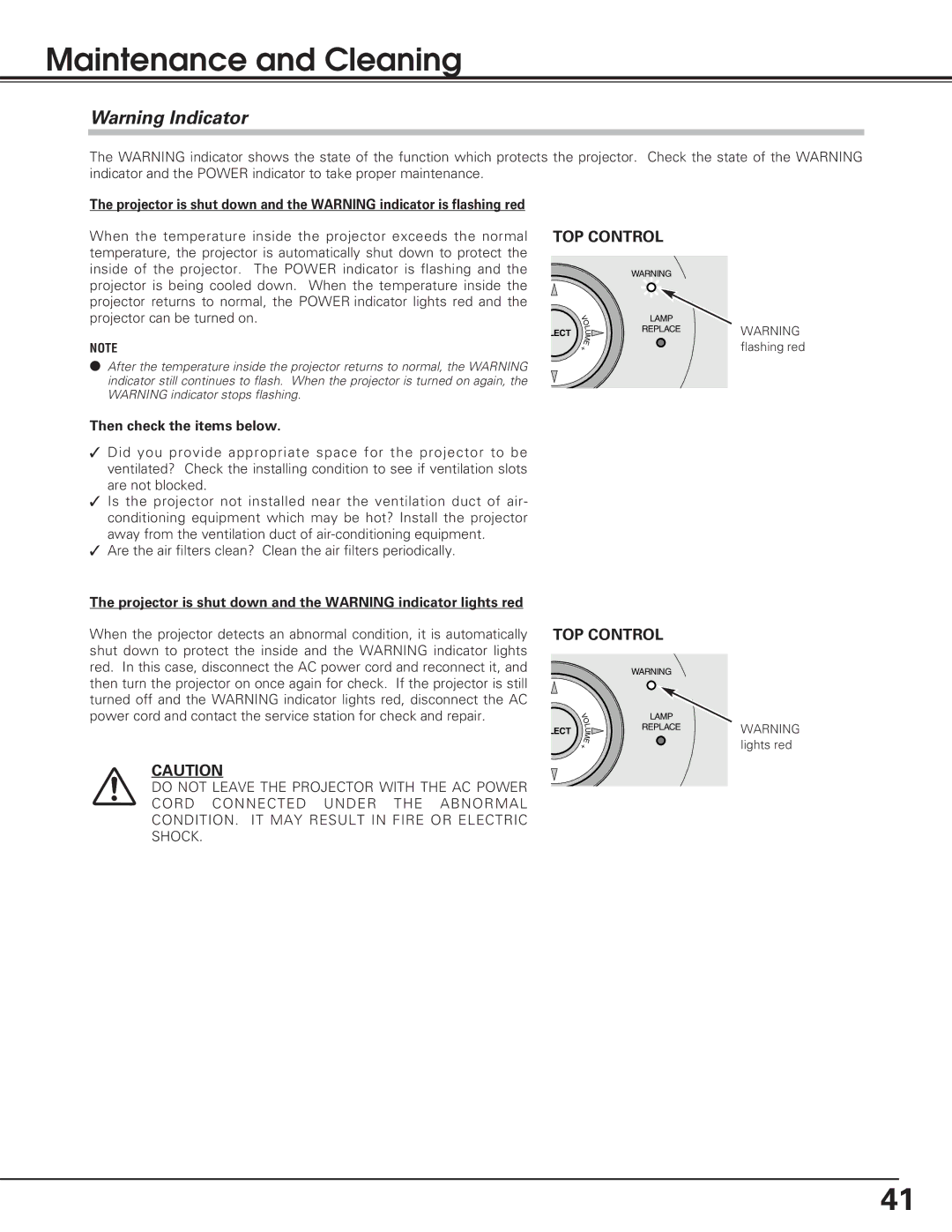 Christie Digital Systems 38-VIV208-01 user manual Maintenance and Cleaning, Then check the items below 