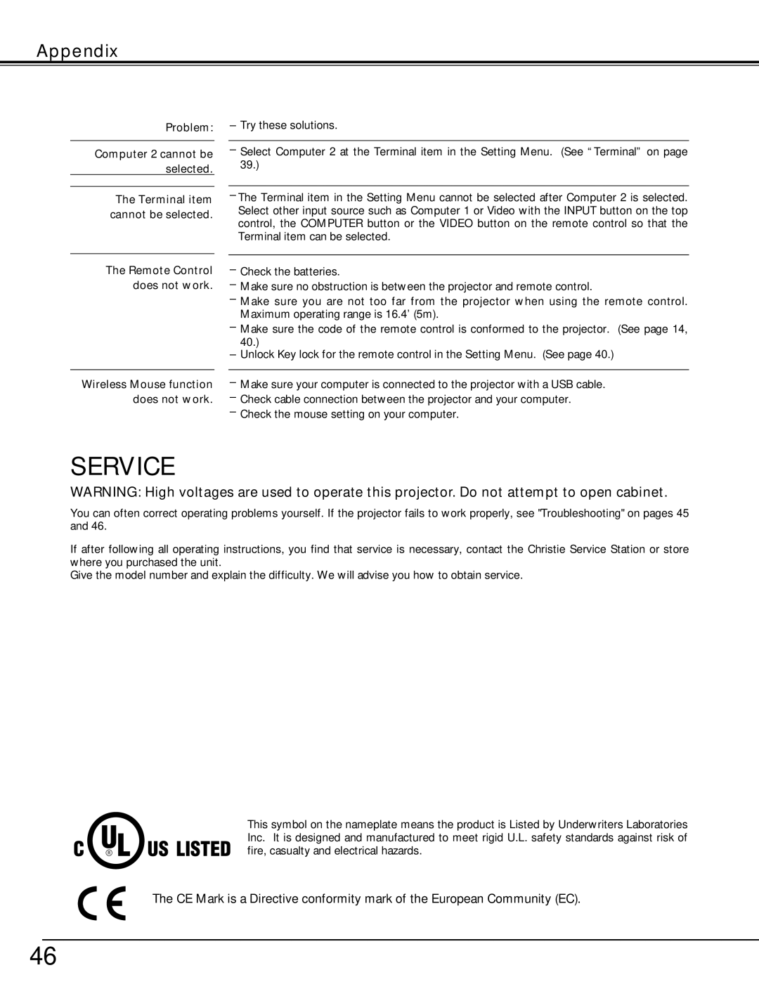 Christie Digital Systems 38-VIV208-01 user manual Service, Appendix 