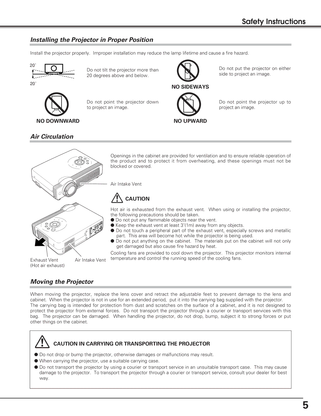 Christie Digital Systems 38-VIV208-01 Safety Instructions, Installing the Projector in Proper Position, Air Circulation 