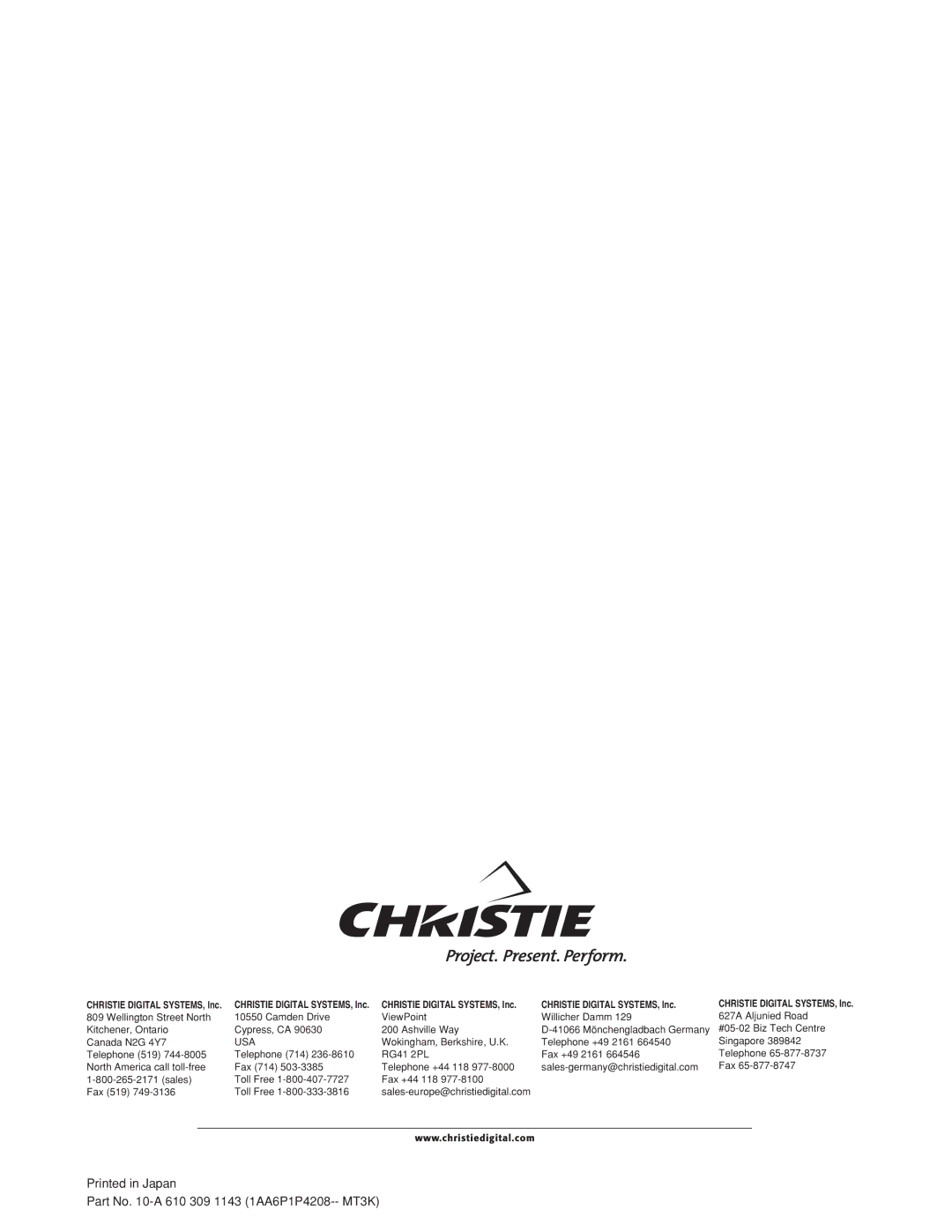 Christie Digital Systems 38-VIV208-01 user manual Part No -A 610 309 1143 1AA6P1P4208-- MT3K 