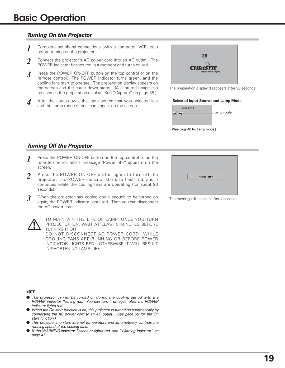 Christie Digital Systems 38-VIV208-01 user manual Basic Operation, Turning On the Projector, Turning Off the Projector 