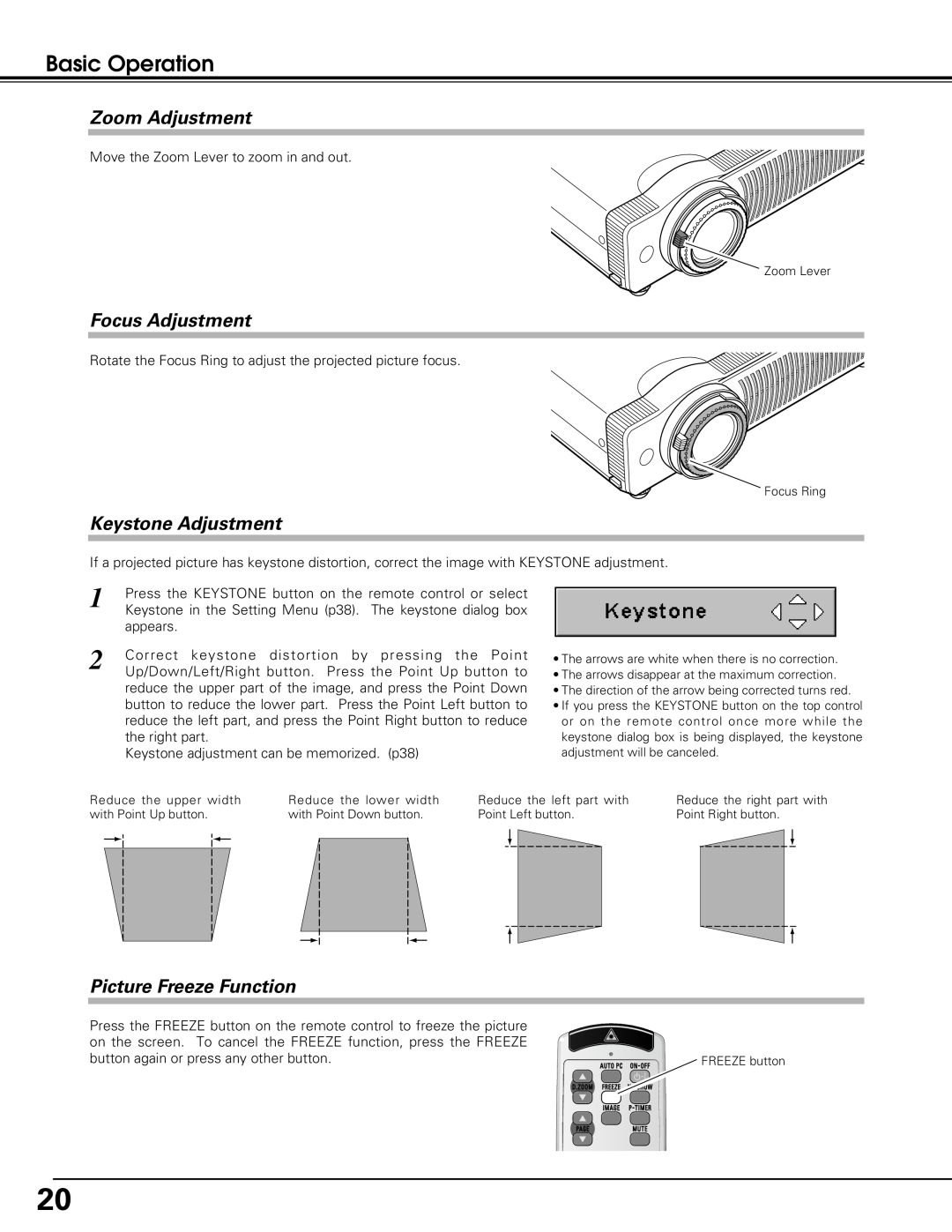 Christie Digital Systems 38-VIV208-01 user manual Basic Operation, Zoom Adjustment, Focus Adjustment, Keystone Adjustment 