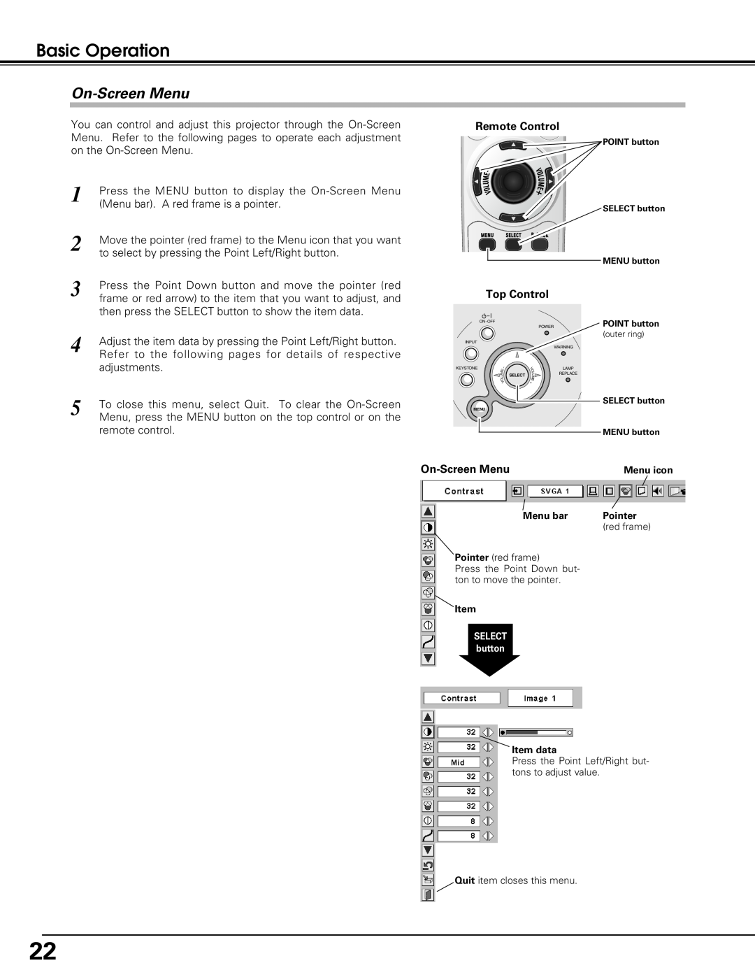 Christie Digital Systems 38-VIV208-01 user manual On-Screen Menu, Basic Operation, Remote Control, Top Control 