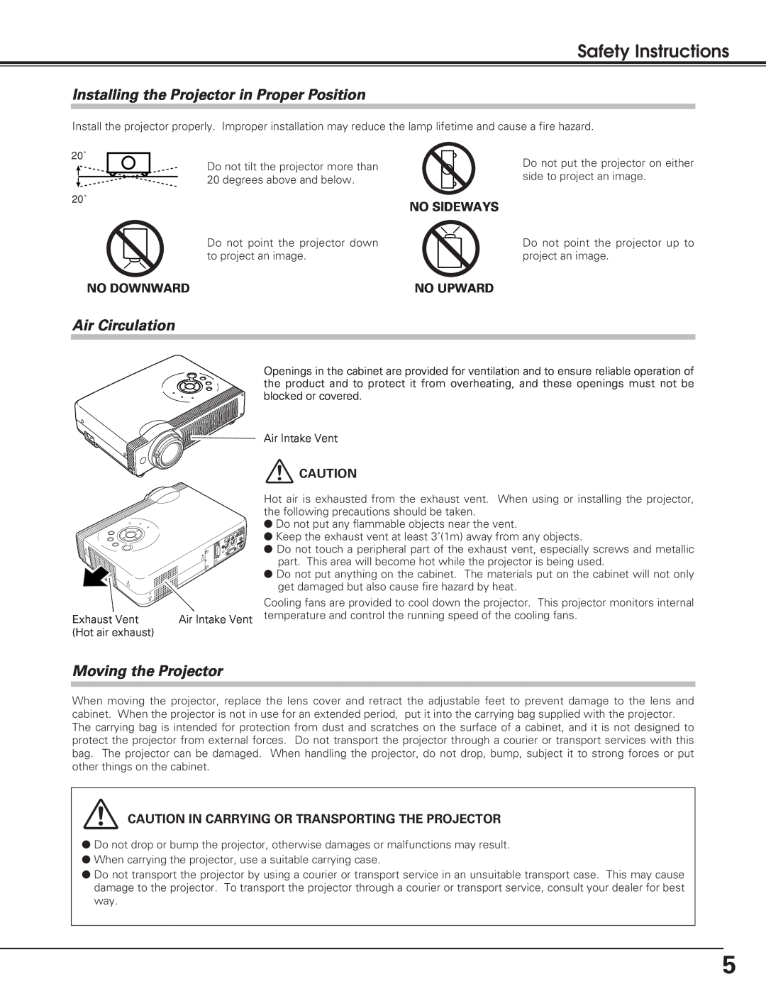 Christie Digital Systems 38-VIV208-01 Safety Instructions, Installing the Projector in Proper Position, Air Circulation 