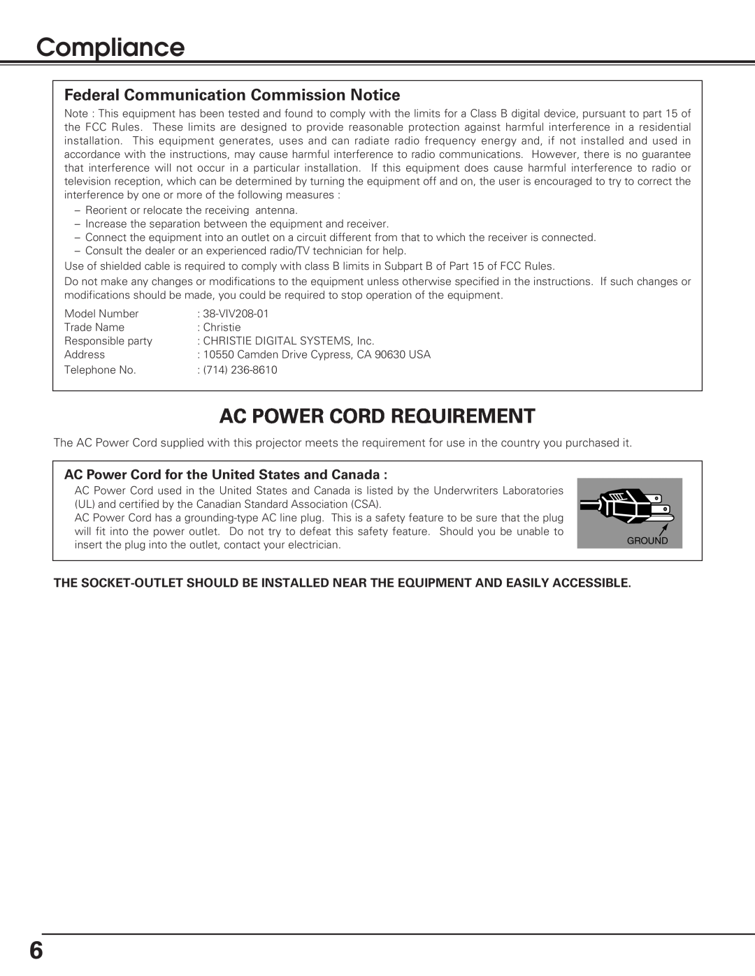 Christie Digital Systems 38-VIV208-01 Compliance, Ac Power Cord Requirement, Federal Communication Commission Notice 