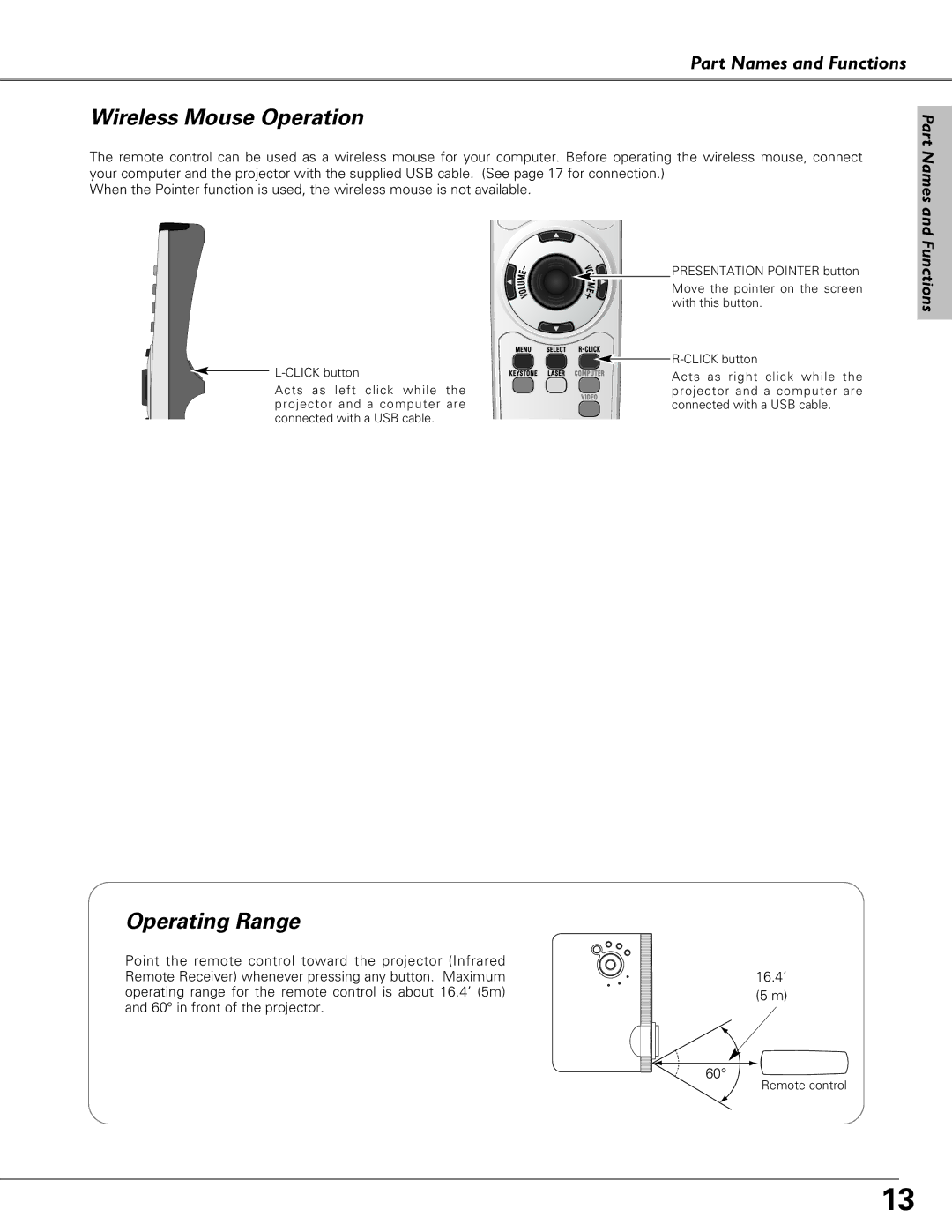 Christie Digital Systems 38-VIV208-03 user manual Wireless Mouse Operation, Operating Range 