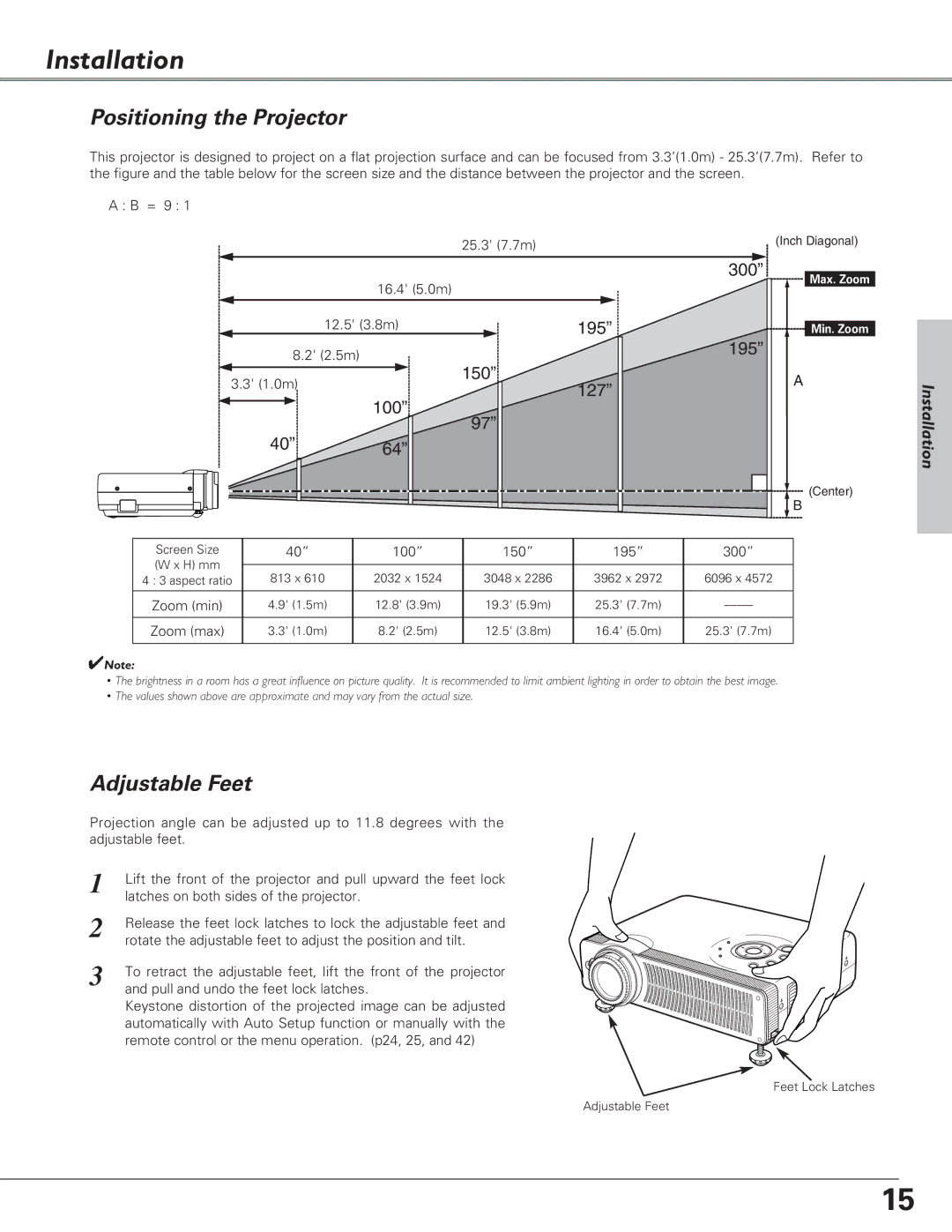 Christie Digital Systems 38-VIV208-03 user manual Installation, Positioning the Projector, Adjustable Feet 