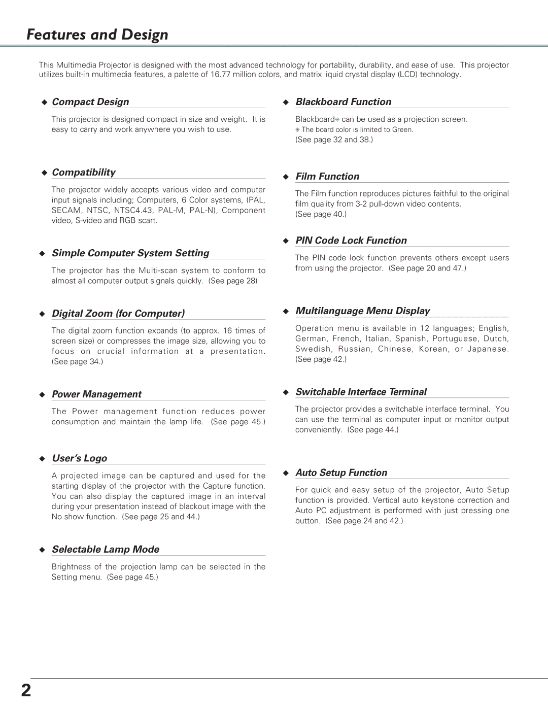 Christie Digital Systems 38-VIV208-03 user manual Features and Design, Compact Design Blackboard Function 