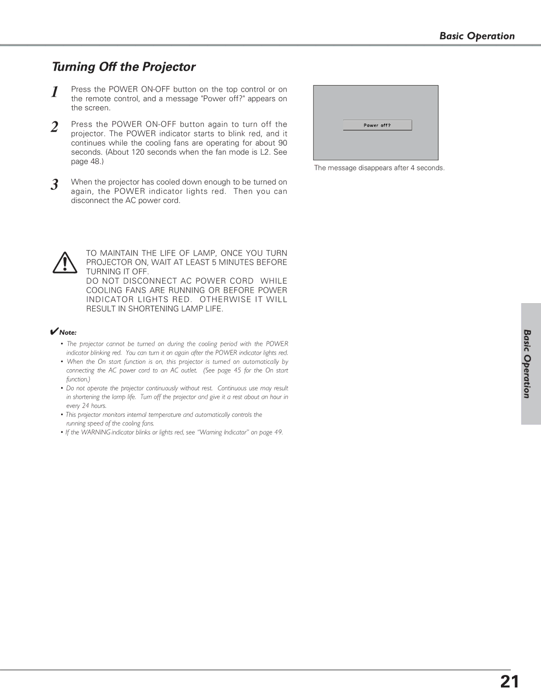 Christie Digital Systems 38-VIV208-03 user manual Turning Off the Projector 