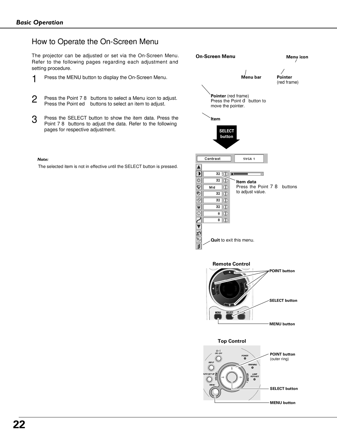 Christie Digital Systems 38-VIV208-03 user manual How to Operate the On-Screen Menu, Remote Control, Top Control 