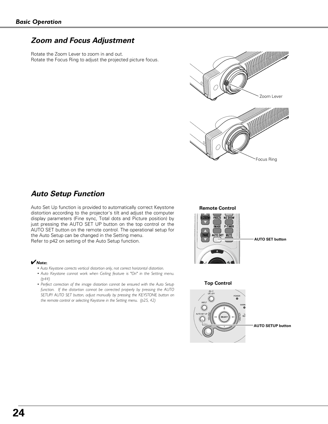 Christie Digital Systems 38-VIV208-03 user manual Zoom and Focus Adjustment, Auto Setup Function 