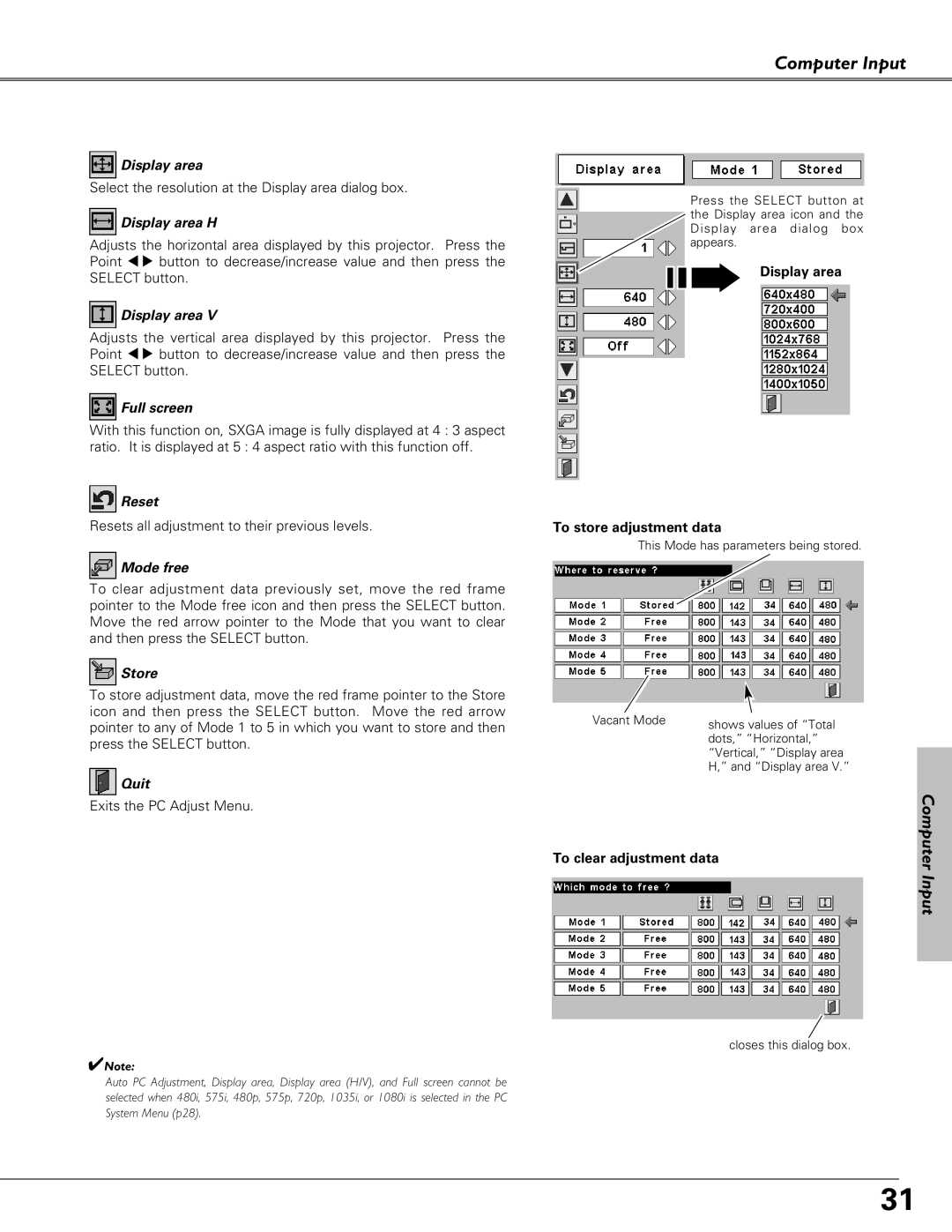 Christie Digital Systems 38-VIV208-03 user manual Display area H, Full screen, Reset, Mode free, Store, Quit 