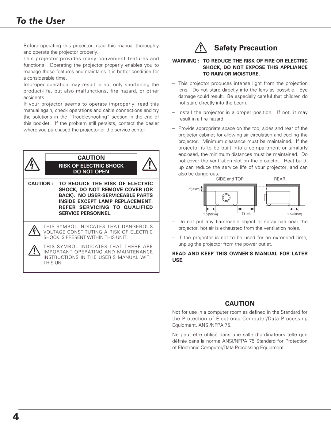 Christie Digital Systems 38-VIV208-03 user manual To the User, Risk of Electric Shock Do not Open 