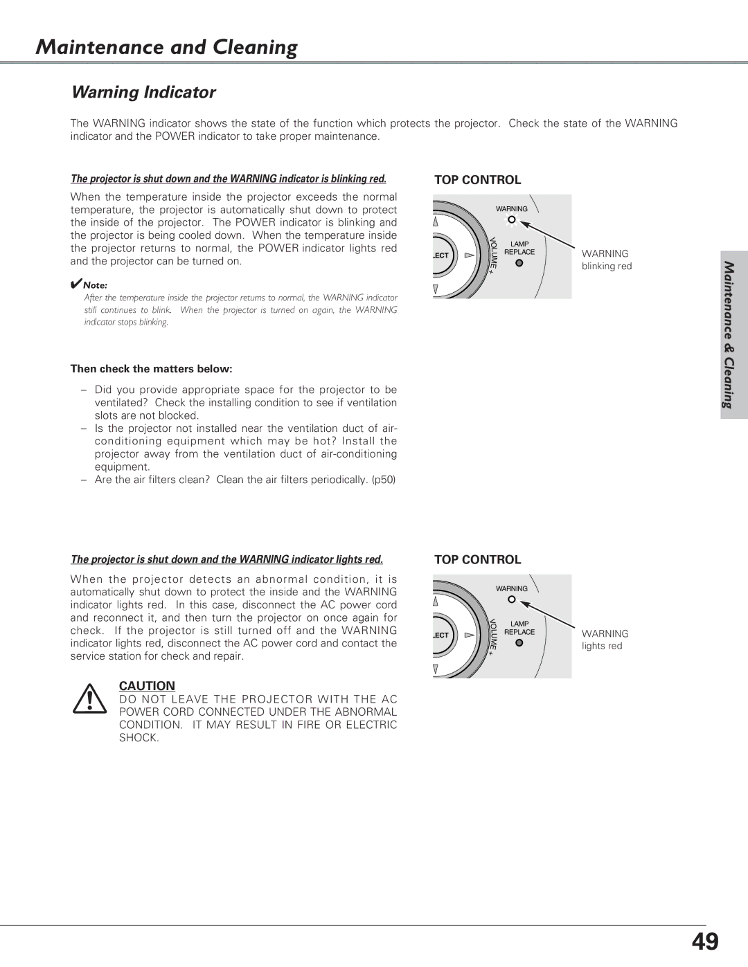 Christie Digital Systems 38-VIV208-03 user manual Maintenance and Cleaning, Then check the matters below 