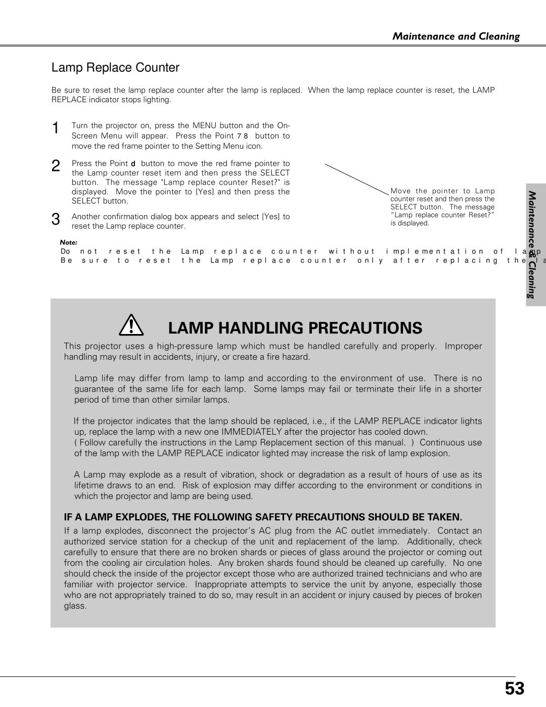 Christie Digital Systems 38-VIV208-03 user manual Lamp Replace Counter, When the lamp replace counter is reset, the Lamp 