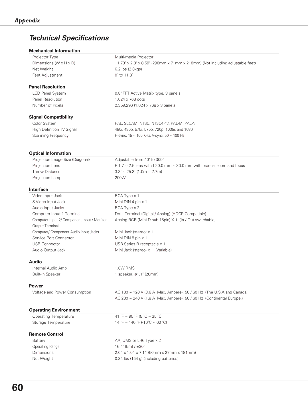 Christie Digital Systems 38-VIV208-03 user manual Technical Specifications 