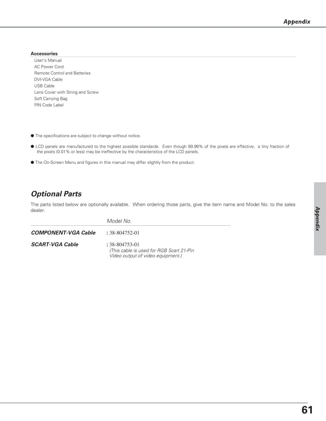 Christie Digital Systems 38-VIV208-03 user manual Optional Parts, Accessories, This cable is used for RGB Scart 21-Pin 