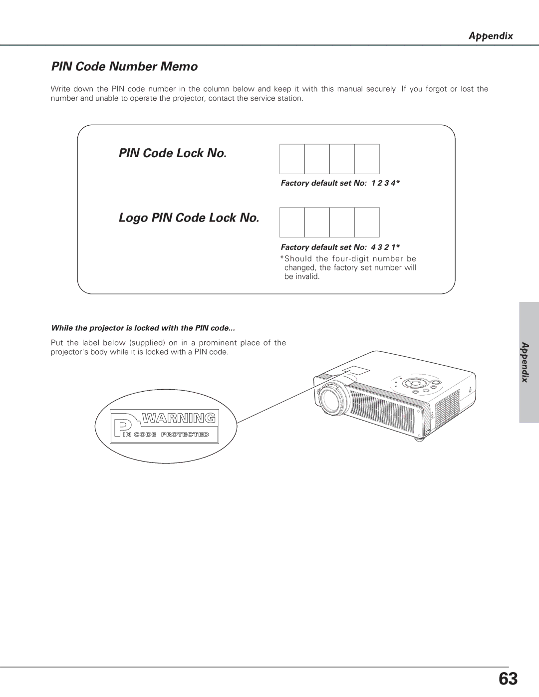 Christie Digital Systems 38-VIV208-03 user manual PIN Code Number Memo, Logo PIN Code Lock No 