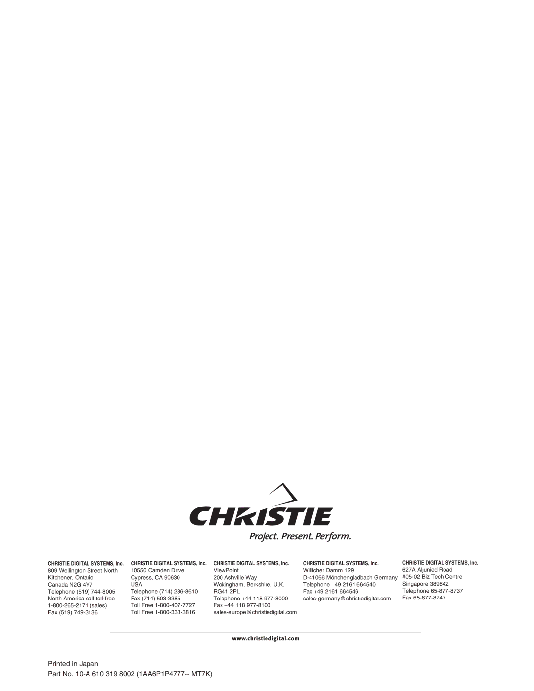 Christie Digital Systems 38-VIV208-03 user manual Part No -A 610 319 8002 1AA6P1P4777-- MT7K 