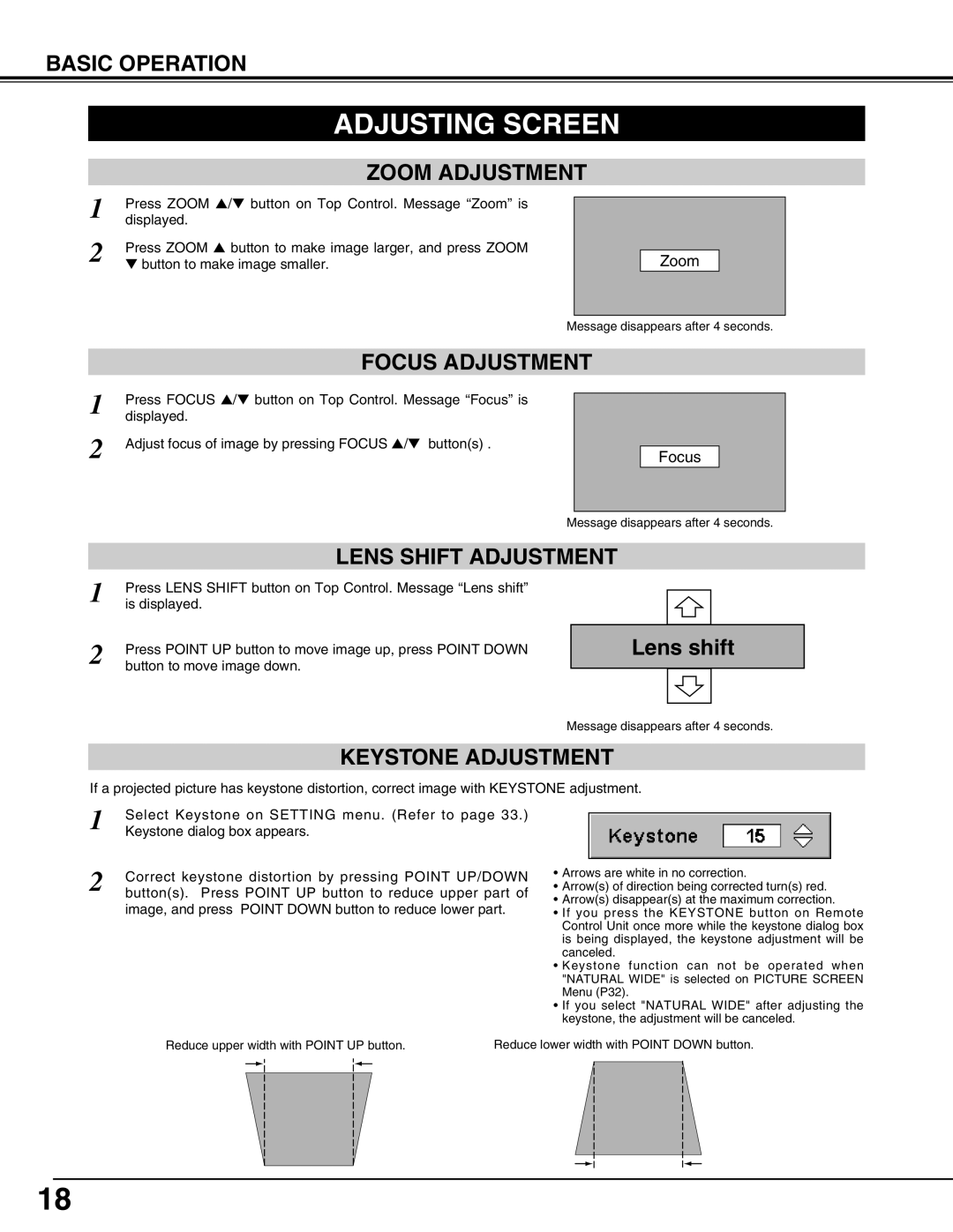 Christie Digital Systems 38-VIV210-01 user manual Adjusting Screen, Zoom Adjustment, Focus Adjustment, Keystone Adjustment 