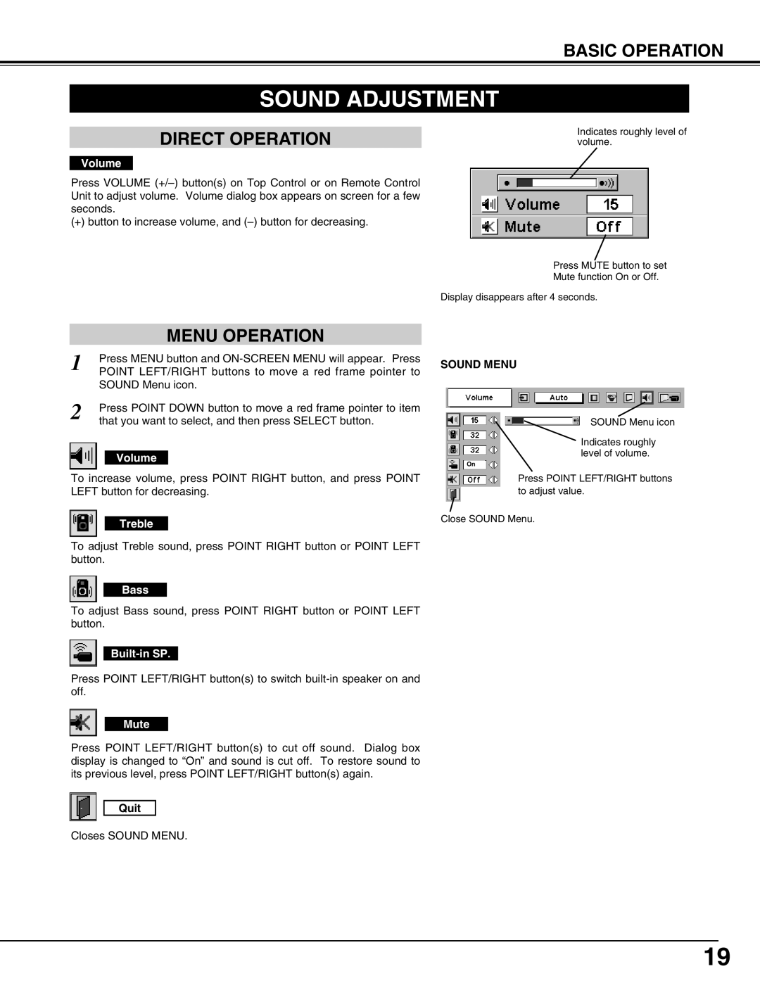 Christie Digital Systems 38-VIV210-01 user manual Sound Adjustment, Direct Operation, Menu Operation, Sound Menu 