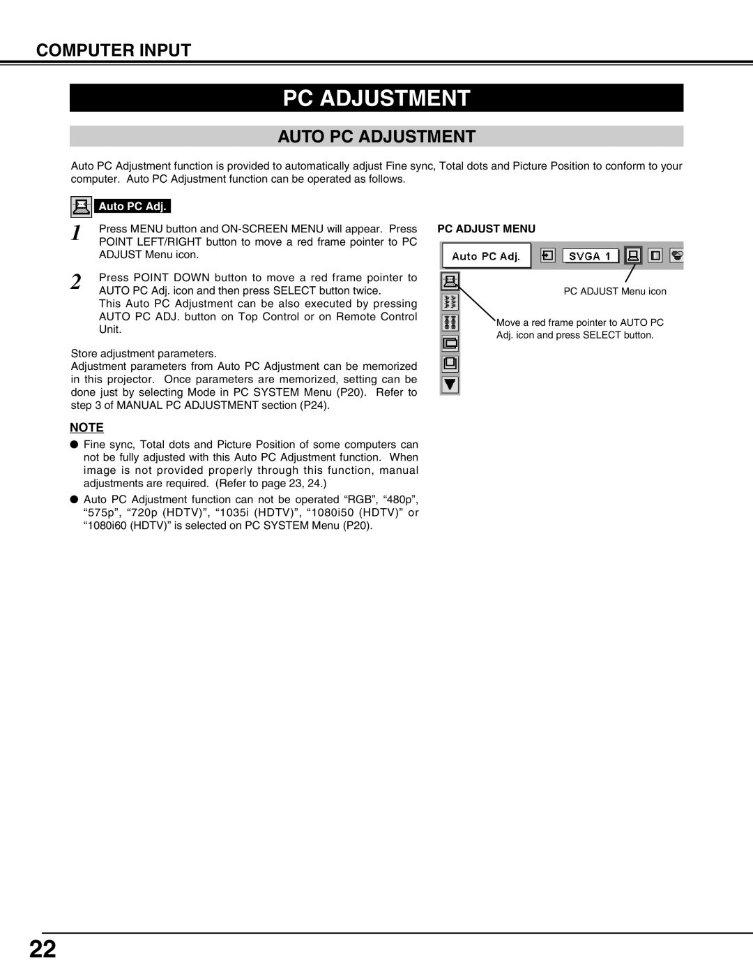 Christie Digital Systems 38-VIV210-01 user manual Auto PC Adjustment, PC Adjust Menu 