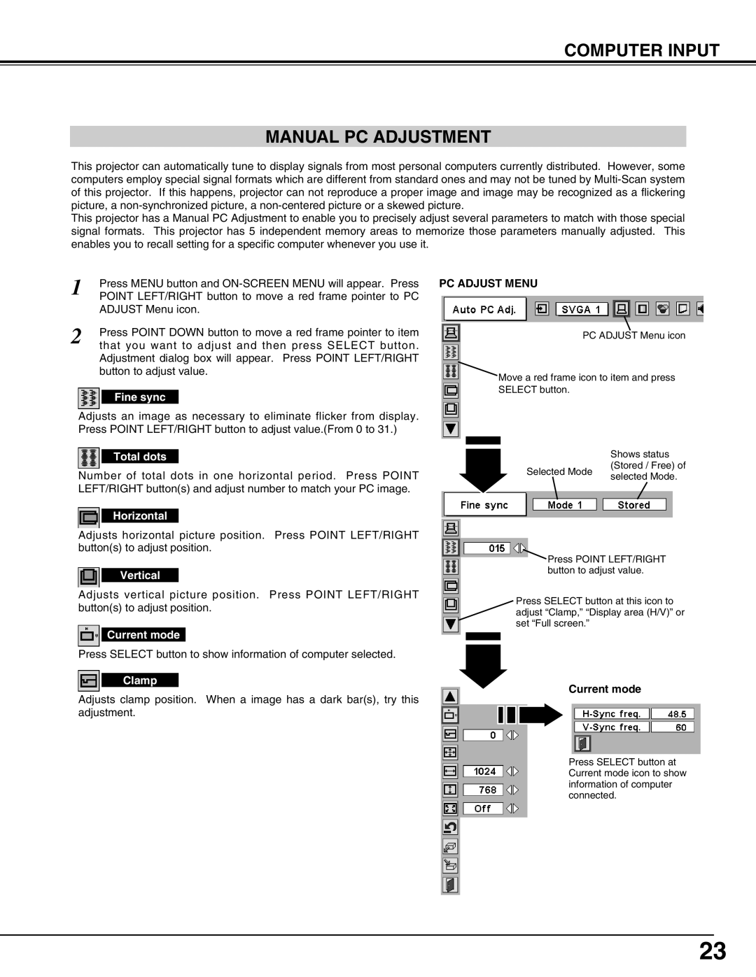 Christie Digital Systems 38-VIV210-01 user manual Computer Input Manual PC Adjustment 