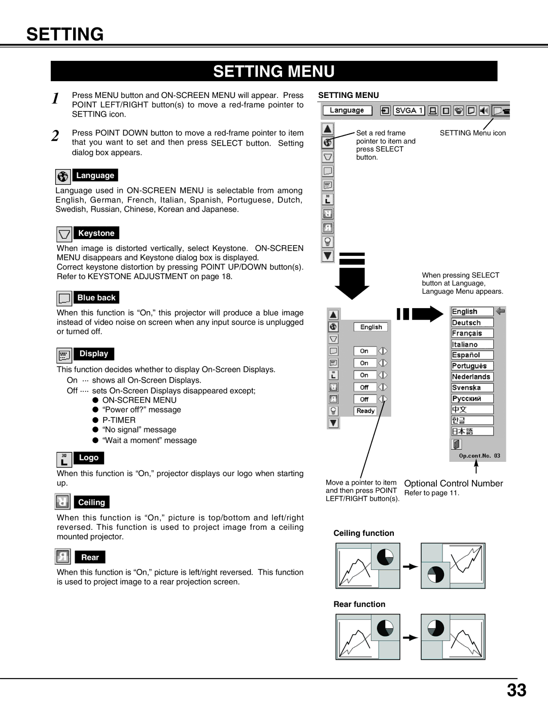 Christie Digital Systems 38-VIV210-01 user manual Setting Menu 