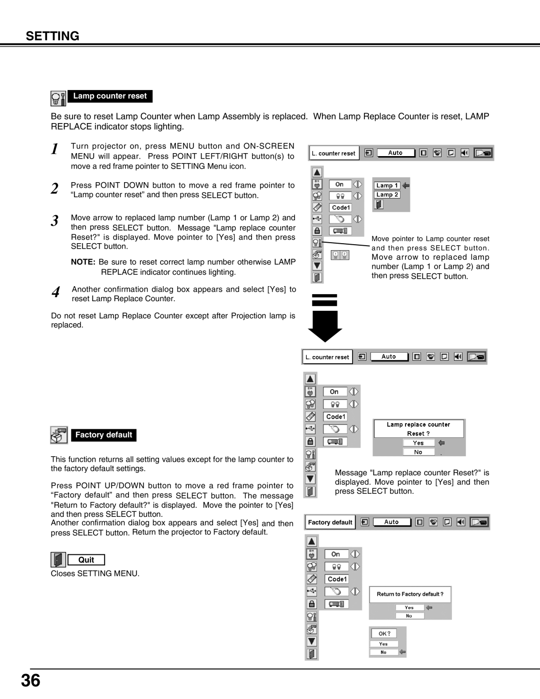 Christie Digital Systems 38-VIV210-01 user manual Lamp counter reset, Factory default 