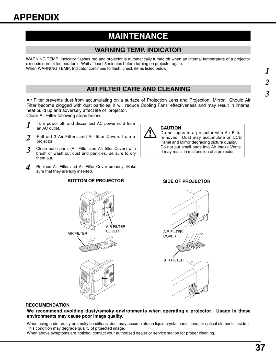 Christie Digital Systems 38-VIV210-01 user manual Appendix, Maintenance, AIR Filter Care and Cleaning 