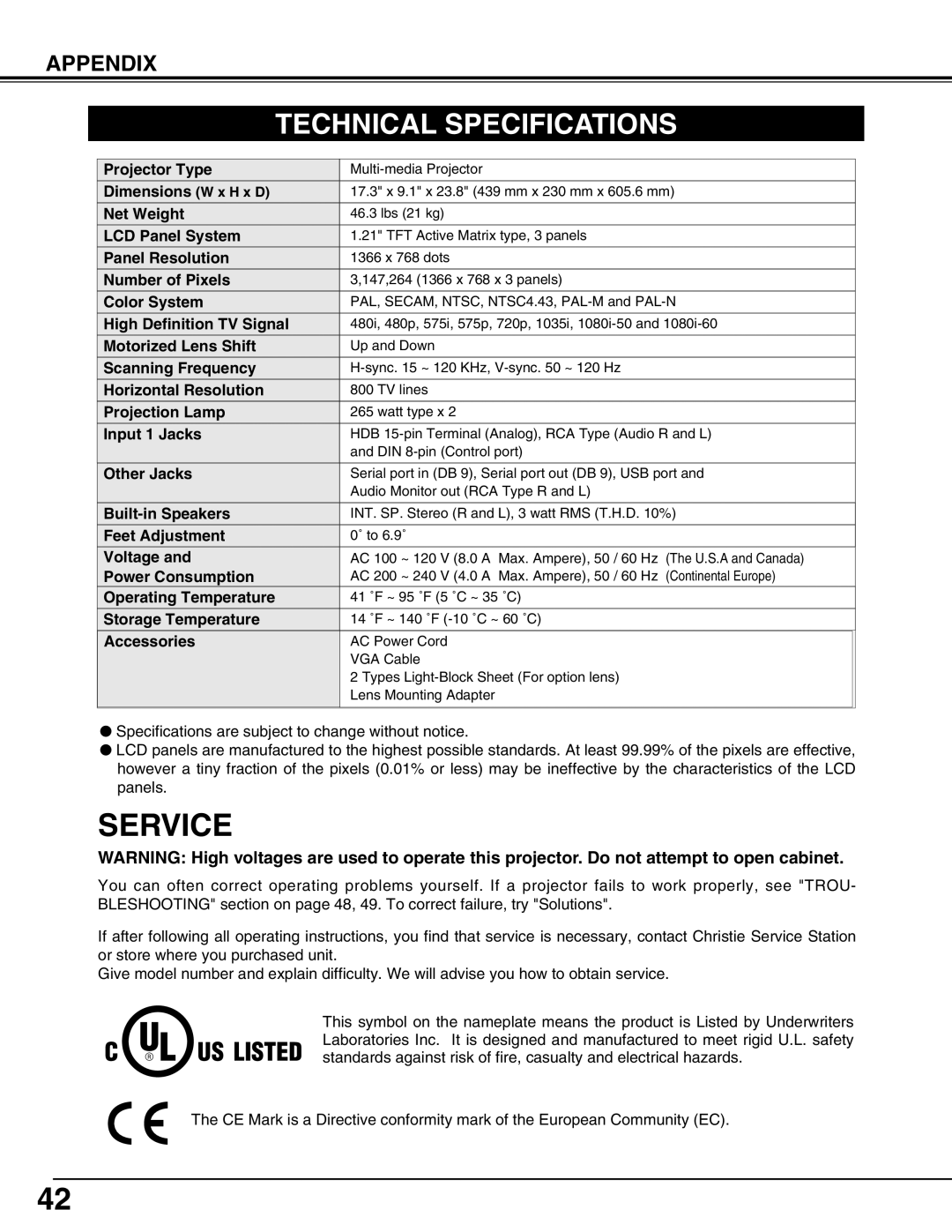 Christie Digital Systems 38-VIV210-01 user manual Service, Technical Specifications 