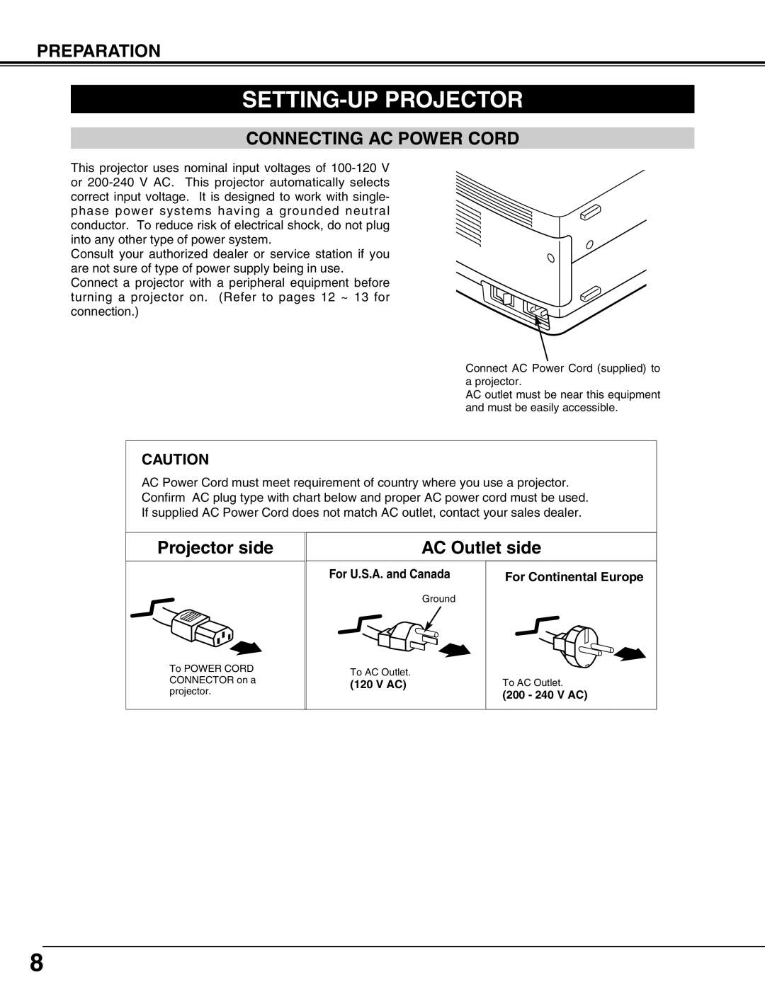 Christie Digital Systems 38-VIV210-01 user manual SETTING-UP Projector, Connecting AC Power Cord 