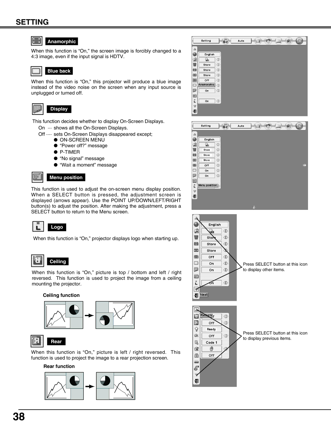 Christie Digital Systems 38-VIV211-01 user manual Anamorphic, Blue back, Display, Menu position, Logo, Ceiling, Rear 