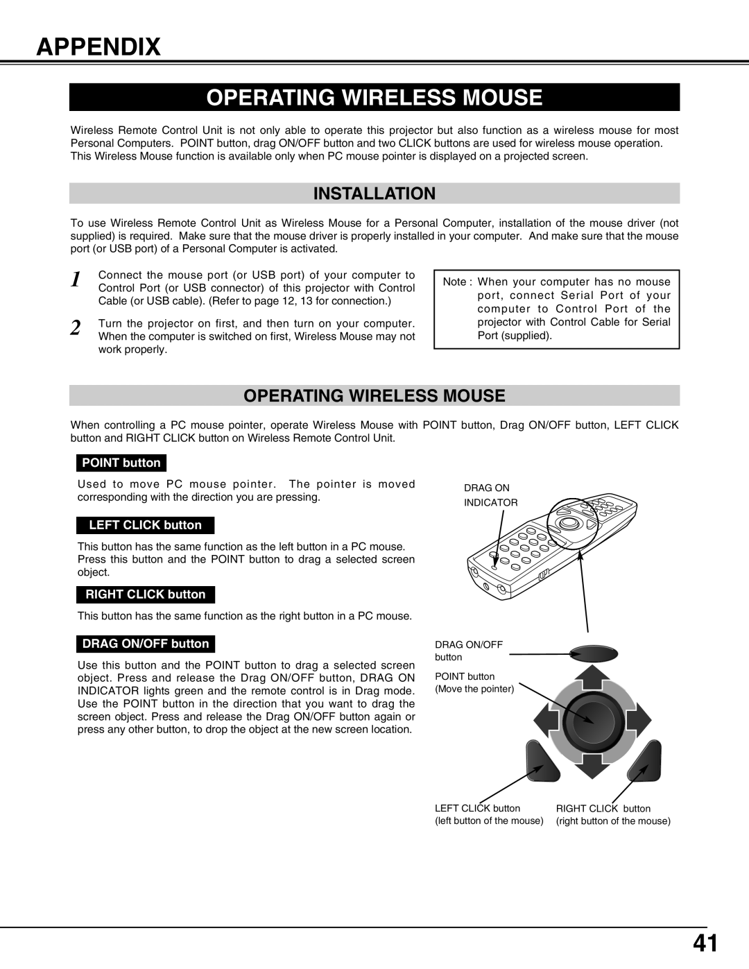 Christie Digital Systems 38-VIV211-01 user manual Appendix, Operating Wireless Mouse, Installation 