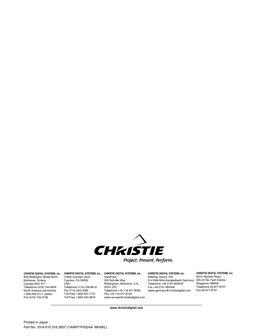 Christie Digital Systems 38-VIV211-01 user manual Part No -A 610 316 2607 1AA6P1P4324A- MH5KL 