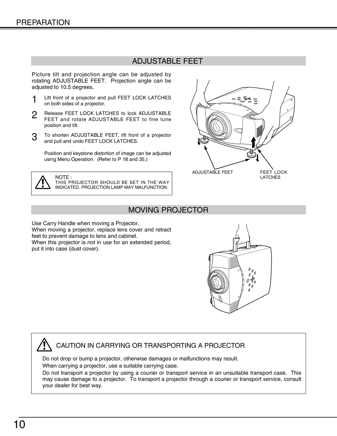 Christie Digital Systems 38-VIV212 user manual Preparation Adjustable Feet, Moving Projector 