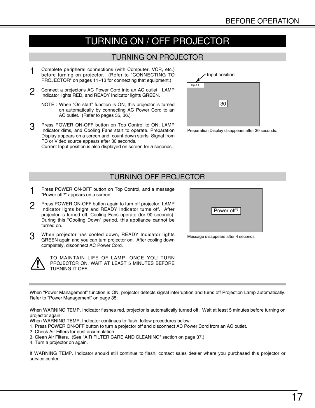 Christie Digital Systems 38-VIV212 user manual Turning on / OFF Projector, Turning on Projector, Turning OFF Projector 