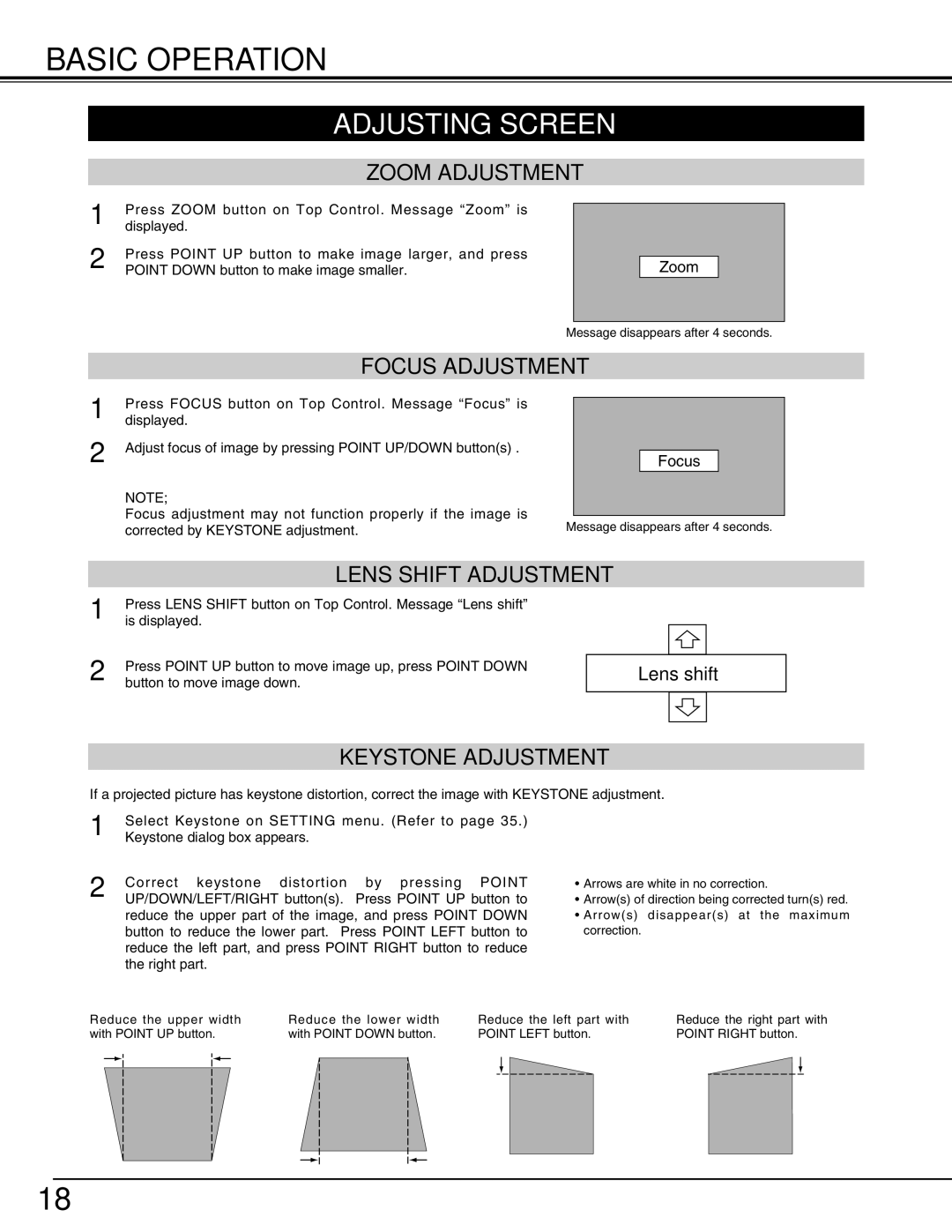 Christie Digital Systems 38-VIV212 user manual Basic Operation, Adjusting Screen 