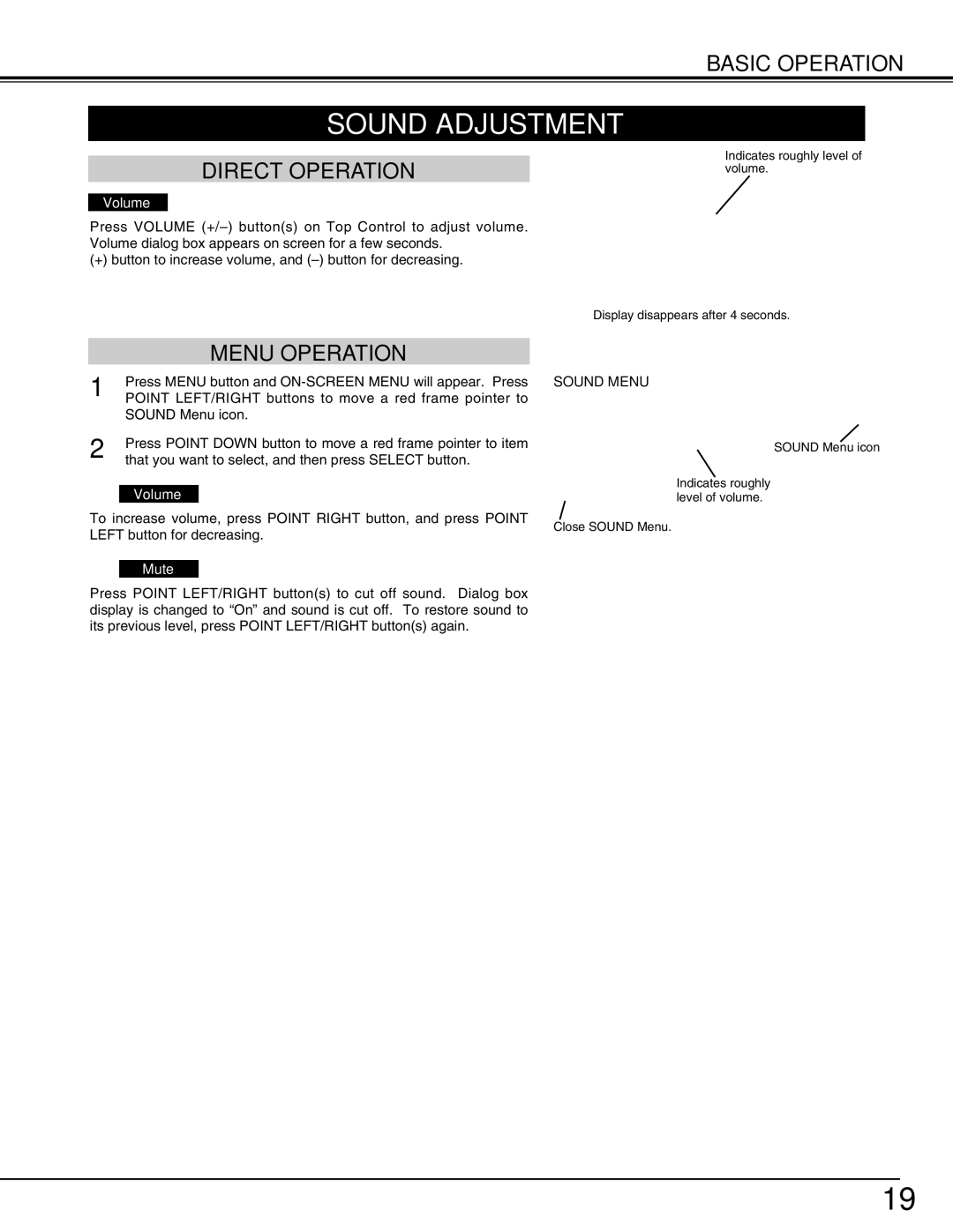 Christie Digital Systems 38-VIV212 user manual Sound Adjustment, Direct Operation, Menu Operation, Sound Menu 