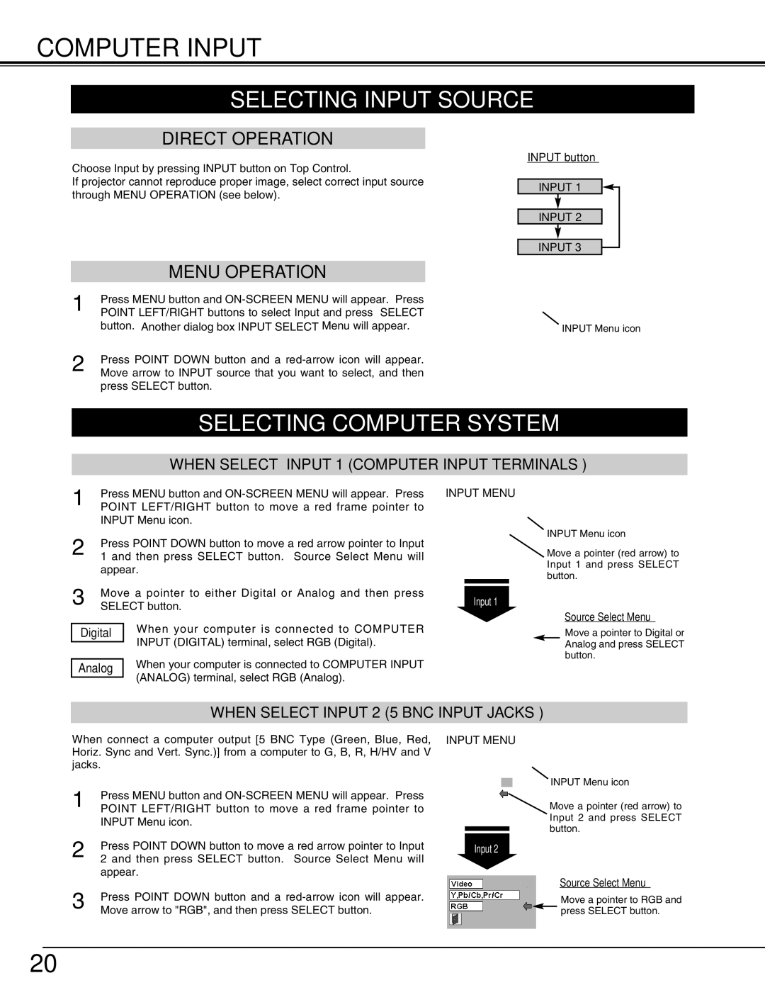 Christie Digital Systems 38-VIV212 Computer Input, Selecting Input Source, Selecting Computer System, Input Menu 