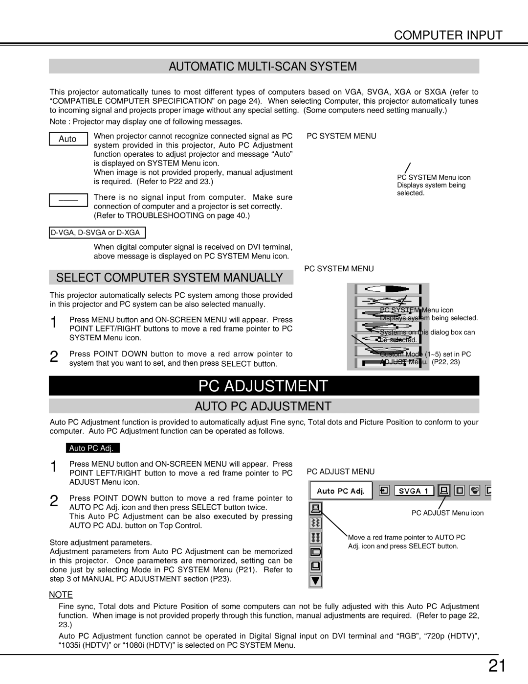 Christie Digital Systems 38-VIV212 user manual Computer Input Automatic MULTI-SCAN System, Auto PC Adjustment 