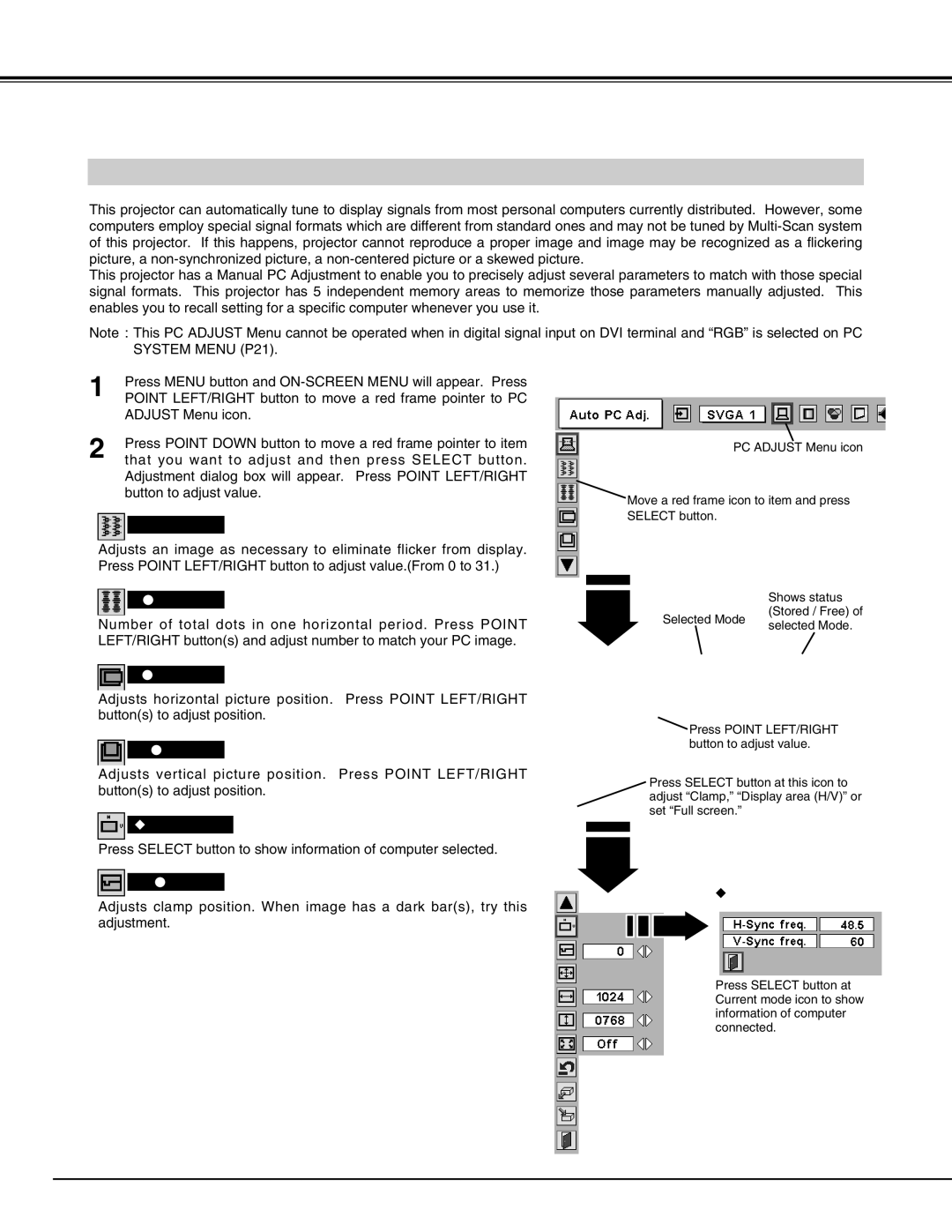 Christie Digital Systems 38-VIV212 user manual Computer Input Manual PC Adjustment 