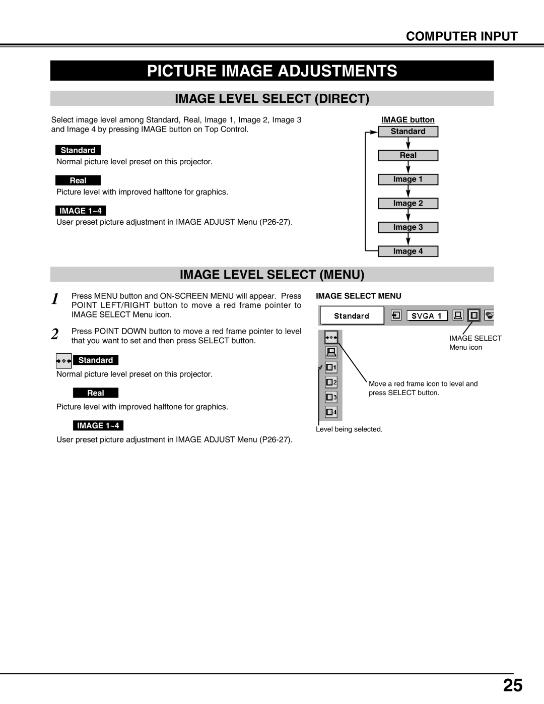 Christie Digital Systems 38-VIV212 Picture Image Adjustments, Image Level Select Direct, Image Level Select Menu 