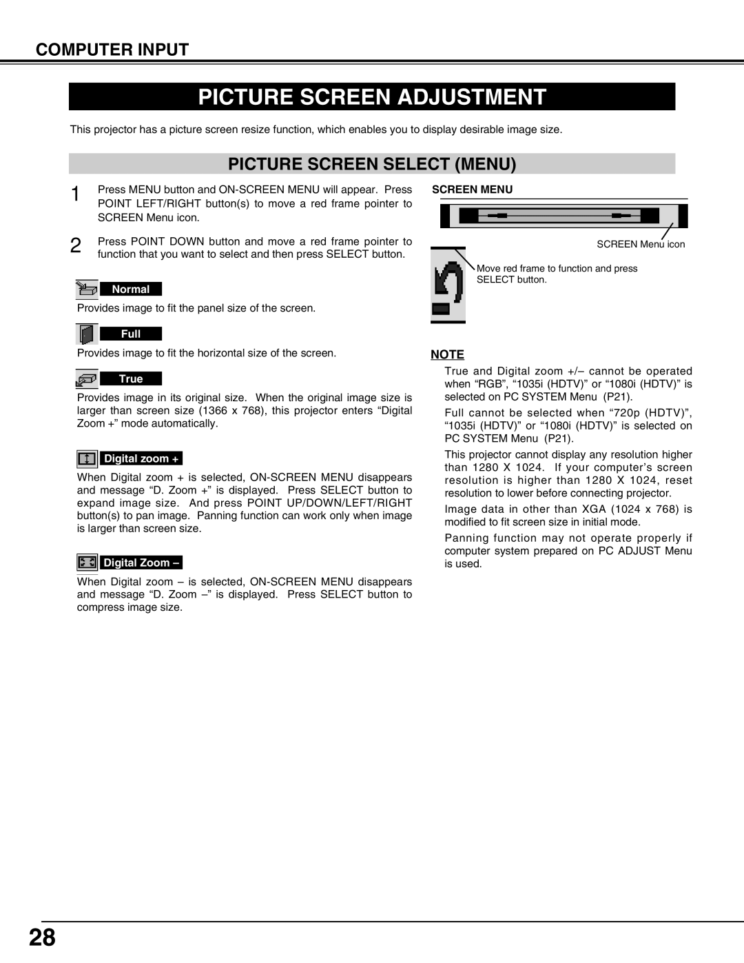 Christie Digital Systems 38-VIV212 user manual Picture Screen Adjustment, Picture Screen Select Menu, Screen Menu 